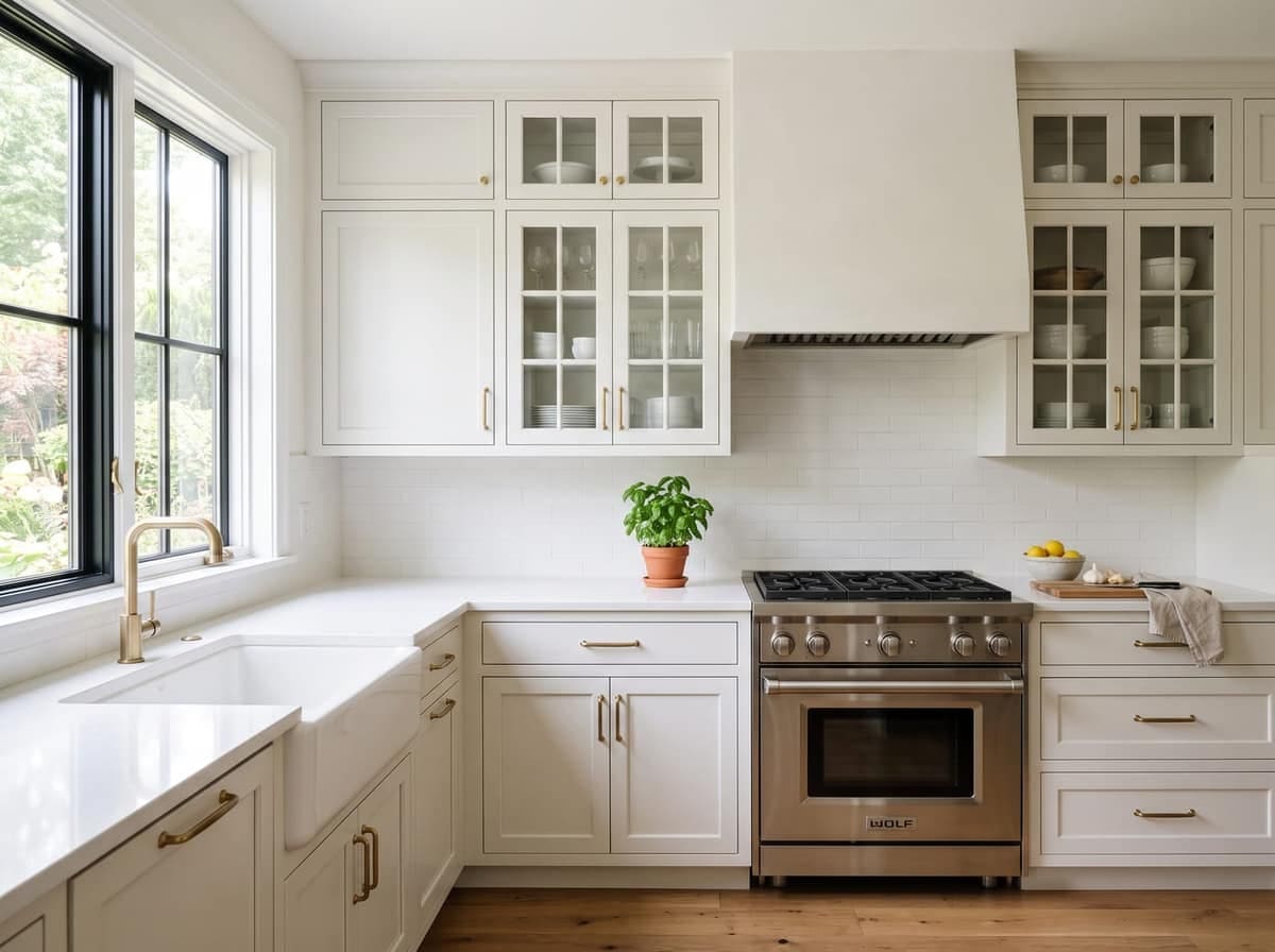 A kitchen with freshly painted white shaker cabinets