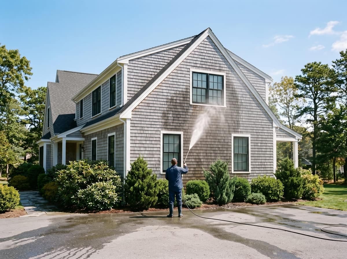 A worker power washing the shingle siding of a home