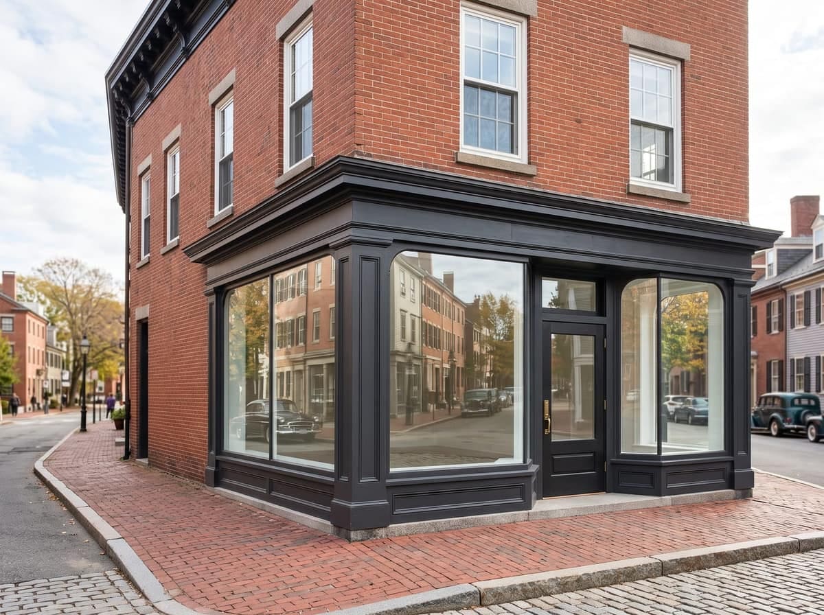 A corner storefront with freshly painted black trim