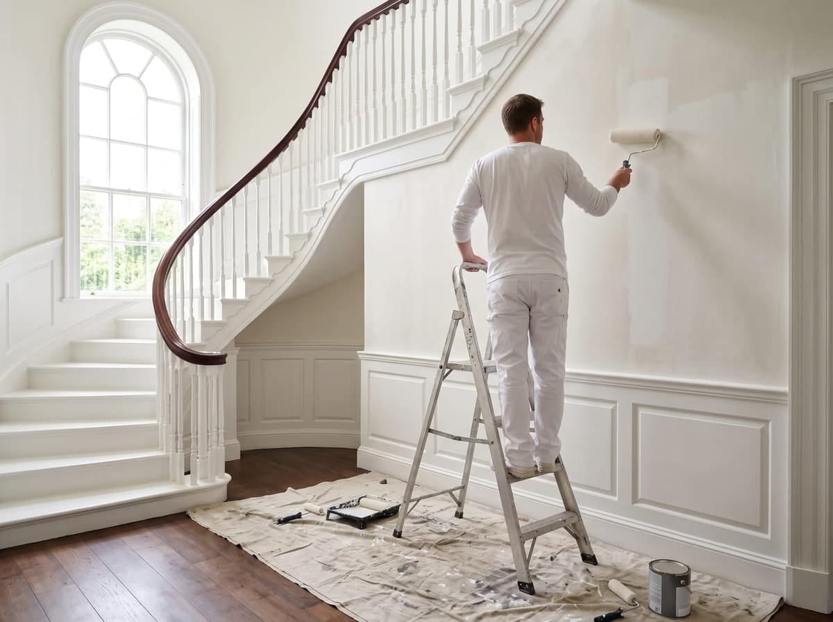 A painter rolling a wall in a bright stair hall